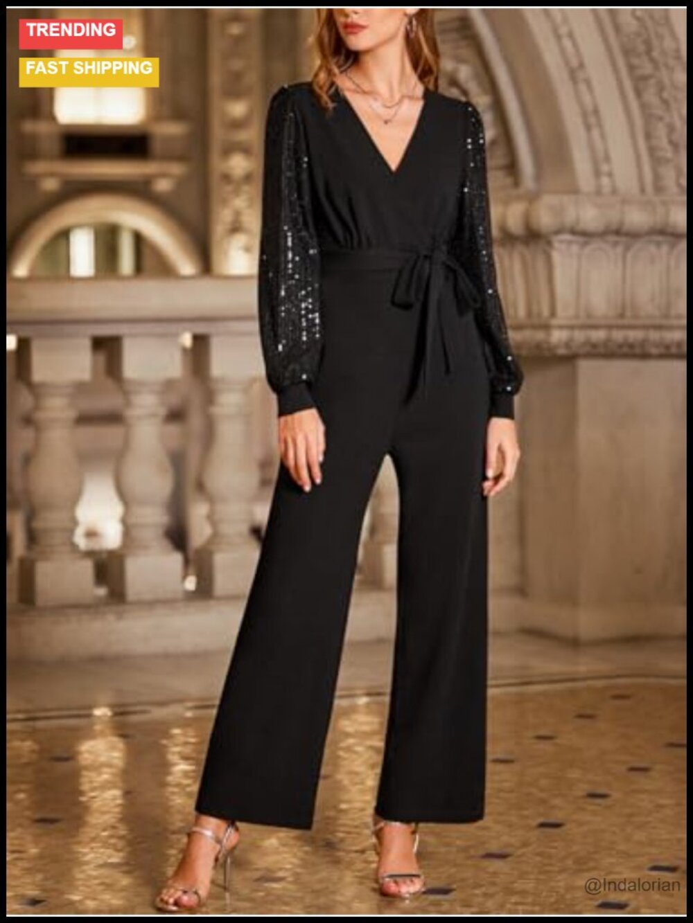 Sequin Long Sleeve Jumpsuit V Neck Belted One Piece Romper Sparkly Night Out - Picture 4 of 6